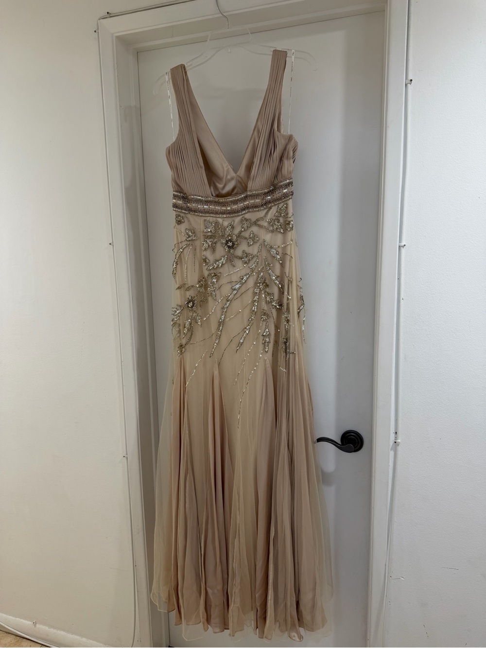 Sue Wong Champagne Beaded V-Neck Maxi Dress - Picture 2 of 5